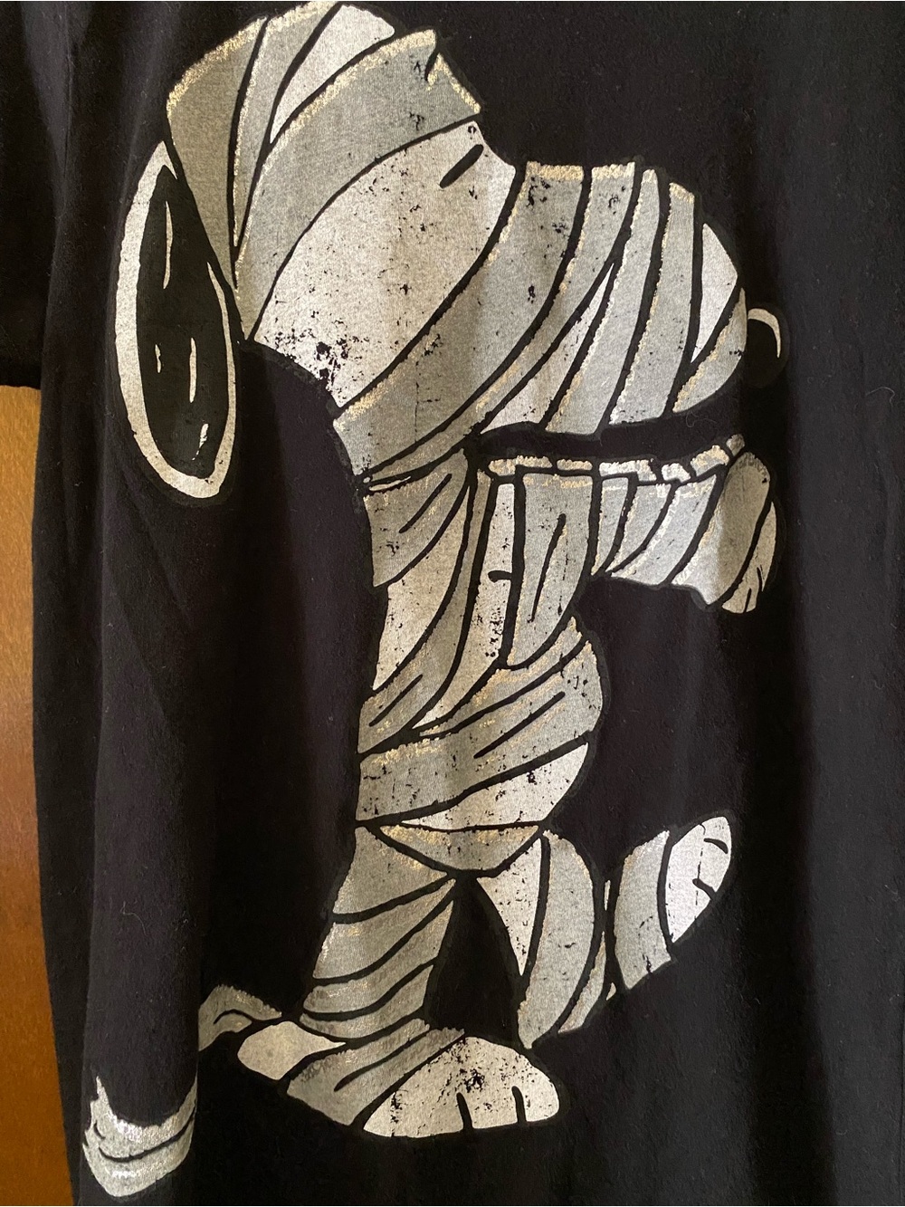 Peanuts Black Tee with Distressed Silver Metallic Snoopy Mummy Graphic - Picture 2 of 7